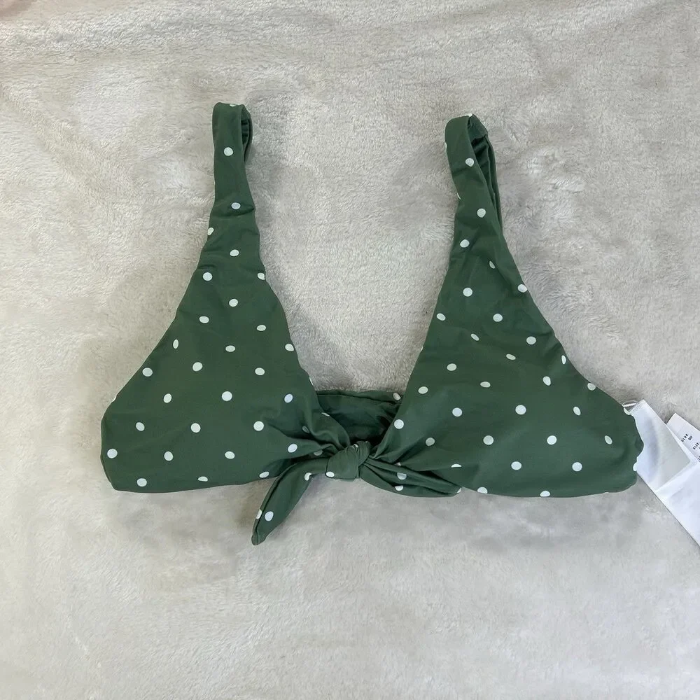 RVCA Womens Bikini Top Size Large 12 Tie Front Bralette Green Polka Dot